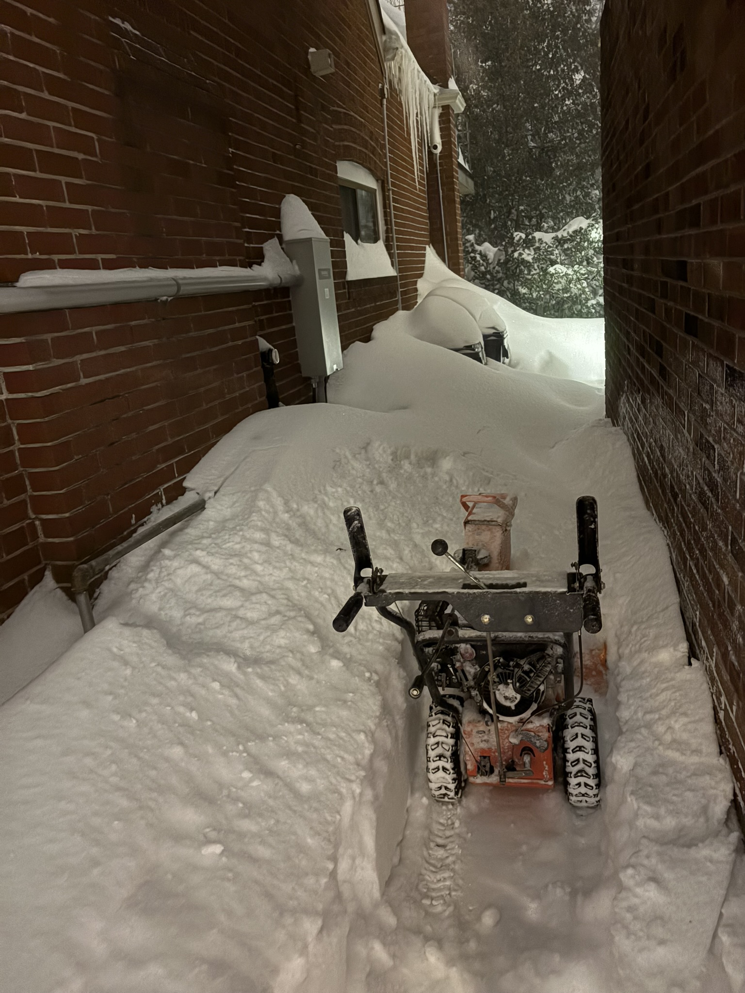 Snowblower clearing a narrow walkway
